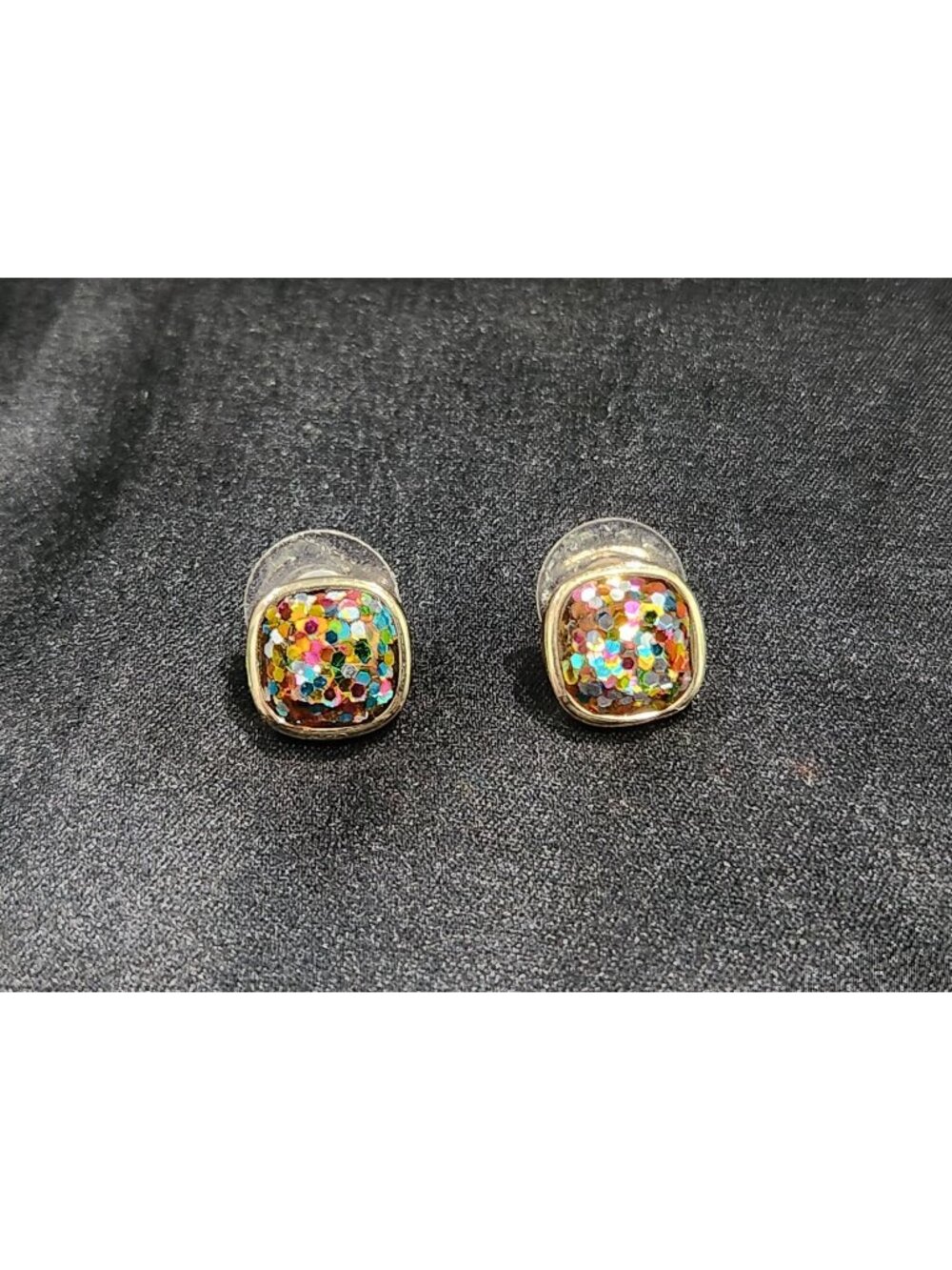 Lauren Conrad Gold Glitter Square Stud Earrings Multicolor Confetti Design